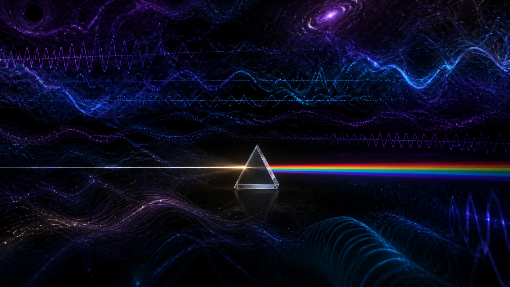 Prisma revela uma estreita faixa de arco-íris dentro de um vasto oceano de ondas violetas e azuis.