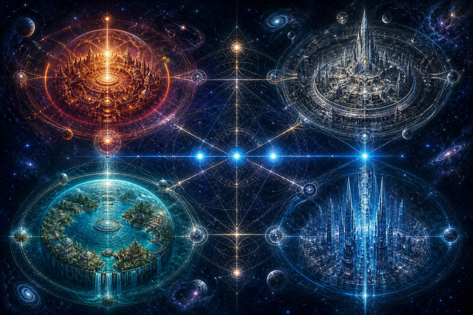 Quatro mundos ligados ao Cinturão de Órion mostram uma metrópole azul, um conselho vermelho, uma cidadela prateada e um santuário aquático.