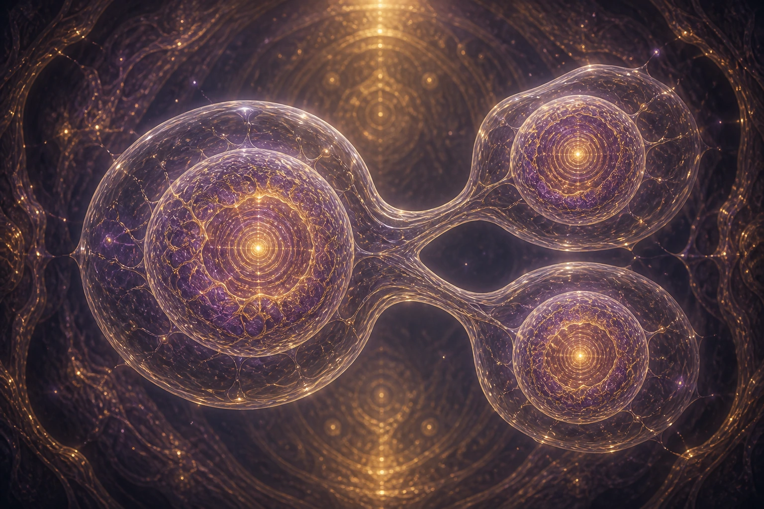 Uma célula opalescente divide-se em duas, preservando nos núcleos o mesmo padrão concêntrico dourado.