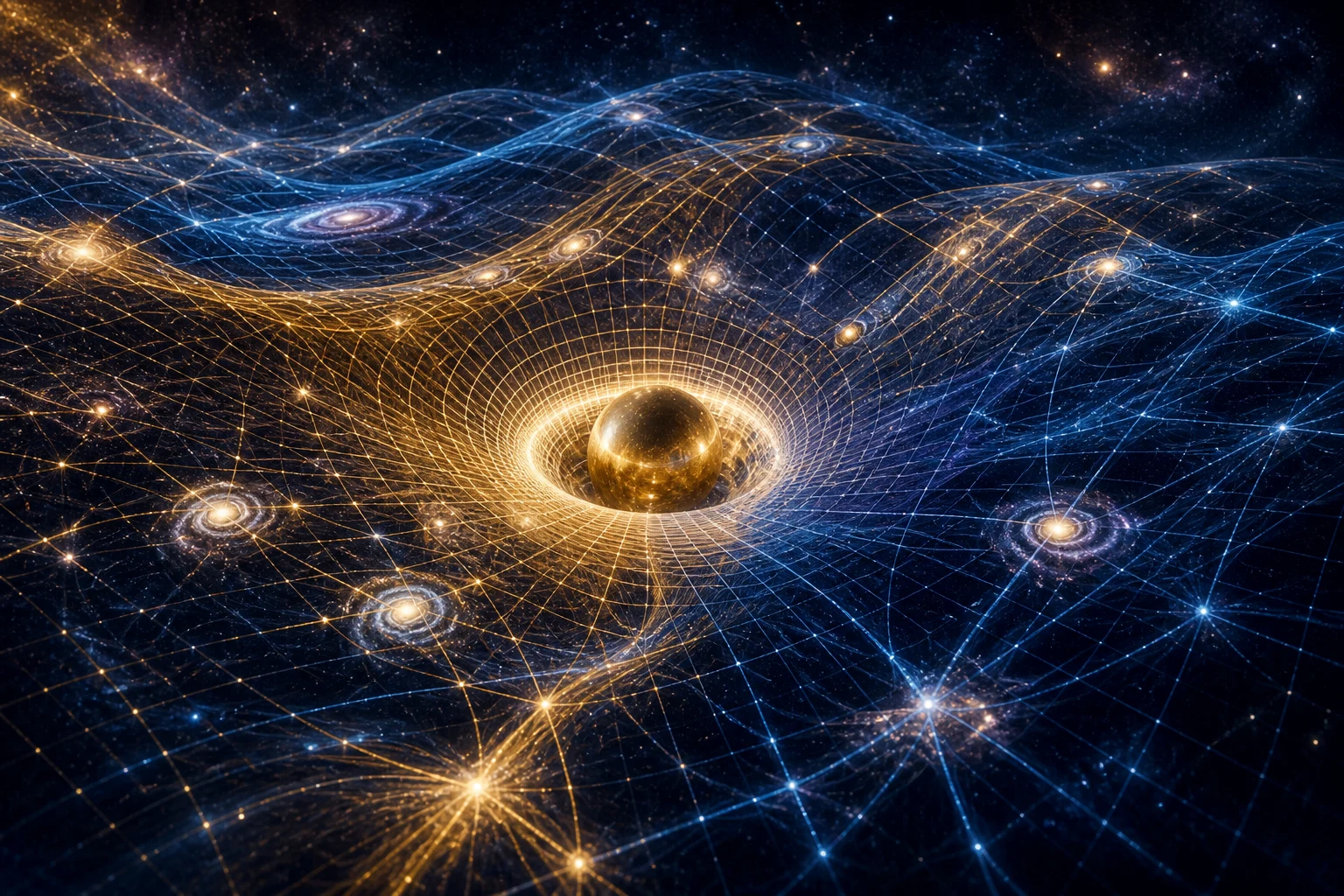 Malhas dourada e azul entrelaçam estrelas e curvam-se ao redor de uma esfera central.