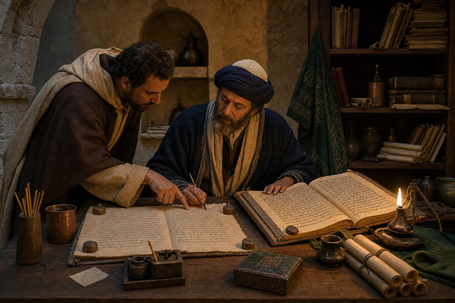 Tradutor medieval trabalha entre um manuscrito árabe e uma folha latina iluminados por uma lamparina.