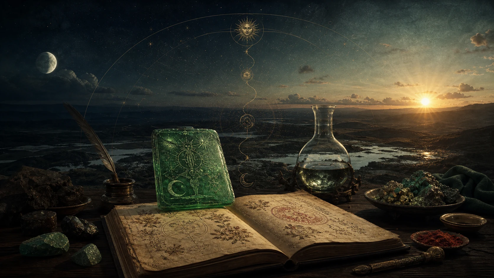 Placa verde simbólica sobre um manuscrito aberto entre minerais, um vaso de vidro, a Lua e o Sol.