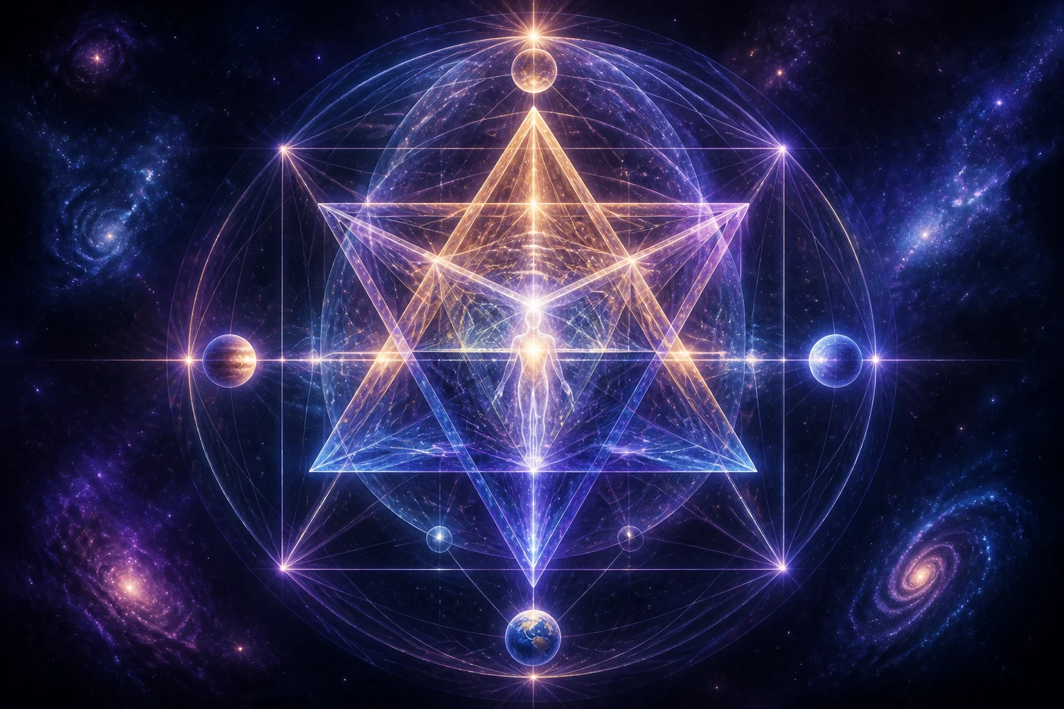 Dois tetraedros em rotação envolvem um corpo de luz sem rosto e geram simultaneamente esfera, cubo e estrela geométrica.
