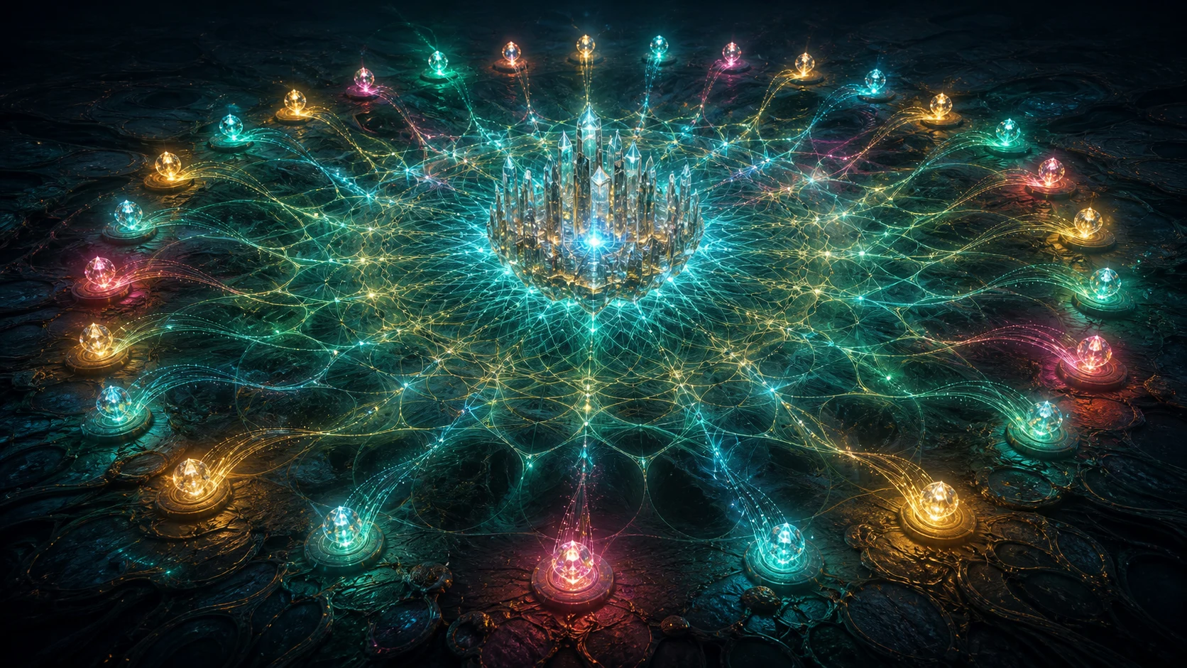 Nós luminosos em círculo sustentam uma cidade cristalina por uma rede de ondas compartilhadas.