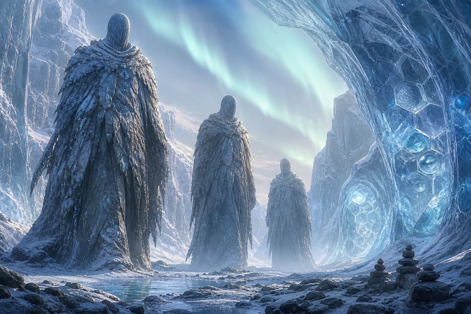Três gigantes silenciosos atravessam uma paisagem polar enquanto geometrias luminosas aparecem dentro do gelo.