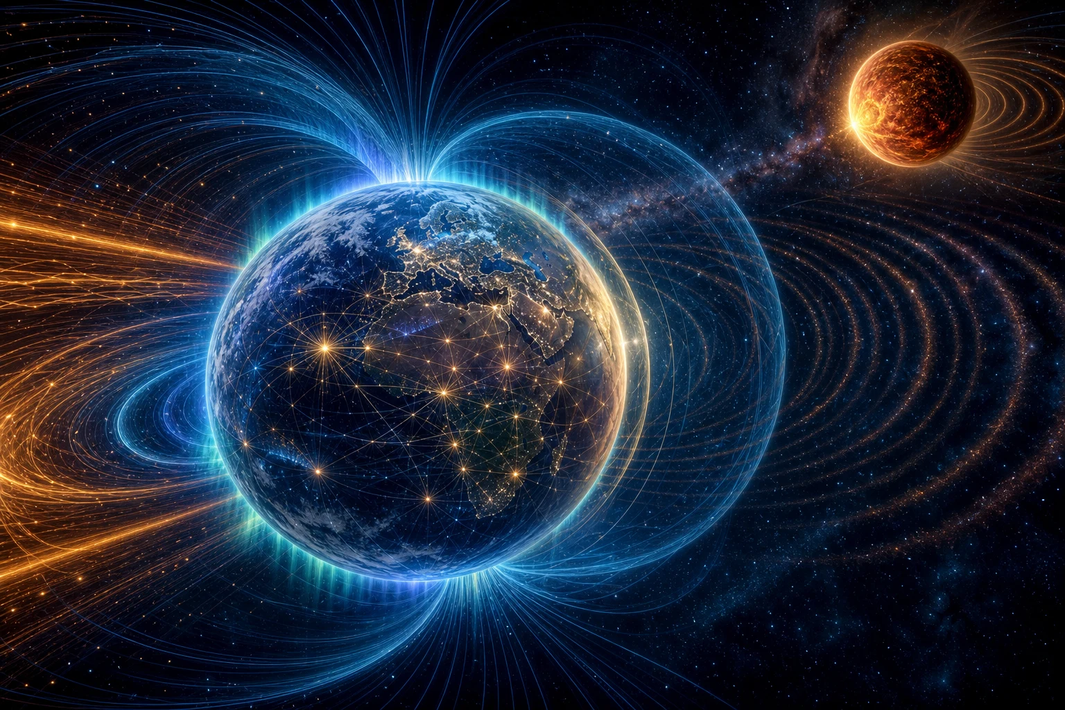 Terra luminosa recebe ondas solares e toroidais dentro de uma magnetosfera azul e dourada.