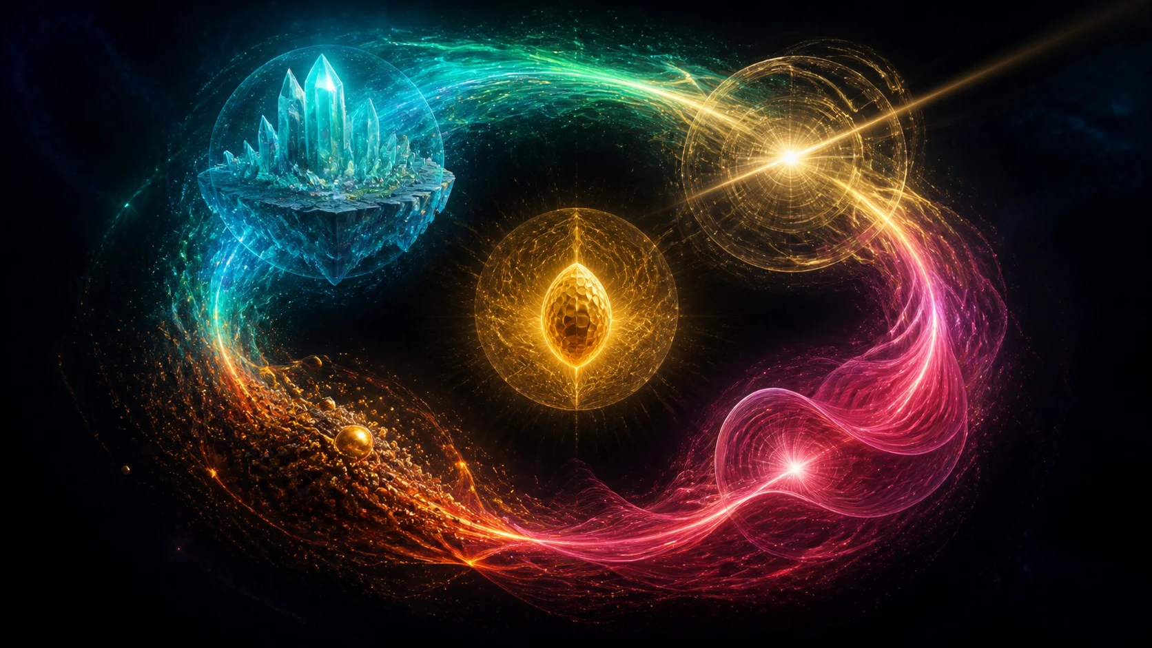 Quatro correntes coloridas circulam ao redor de uma semente dourada num campo toroidal.