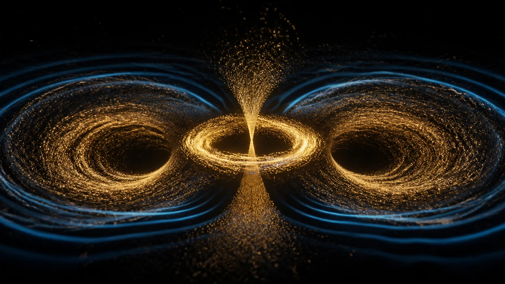Ondas douradas e azuis desenham uma flor radial de múltiplas pétalas sobre água escura.
