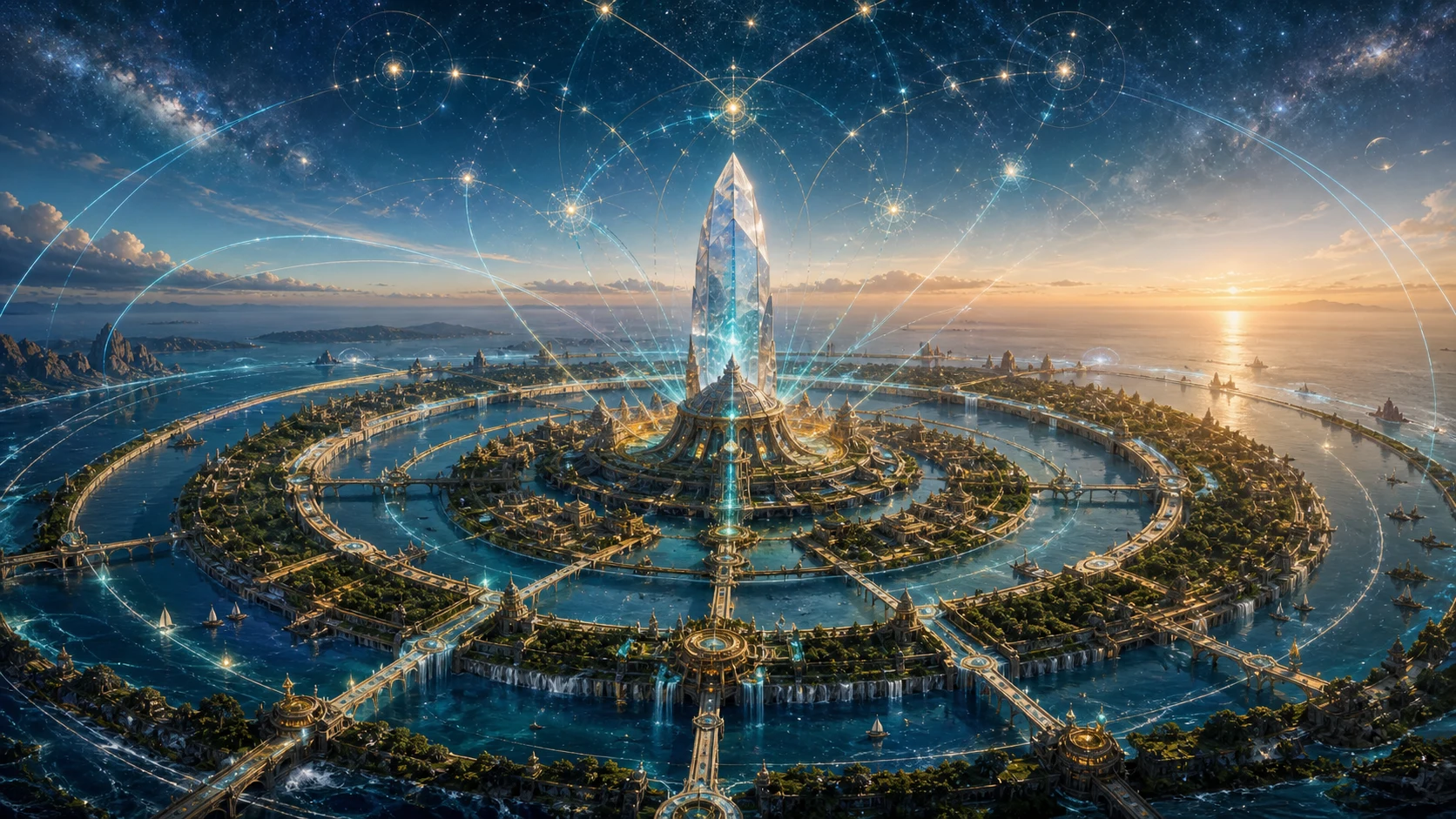 A cidade circular de Atlântida envolve o cristal Tuaoi enquanto linhas de energia alcançam as constelações.