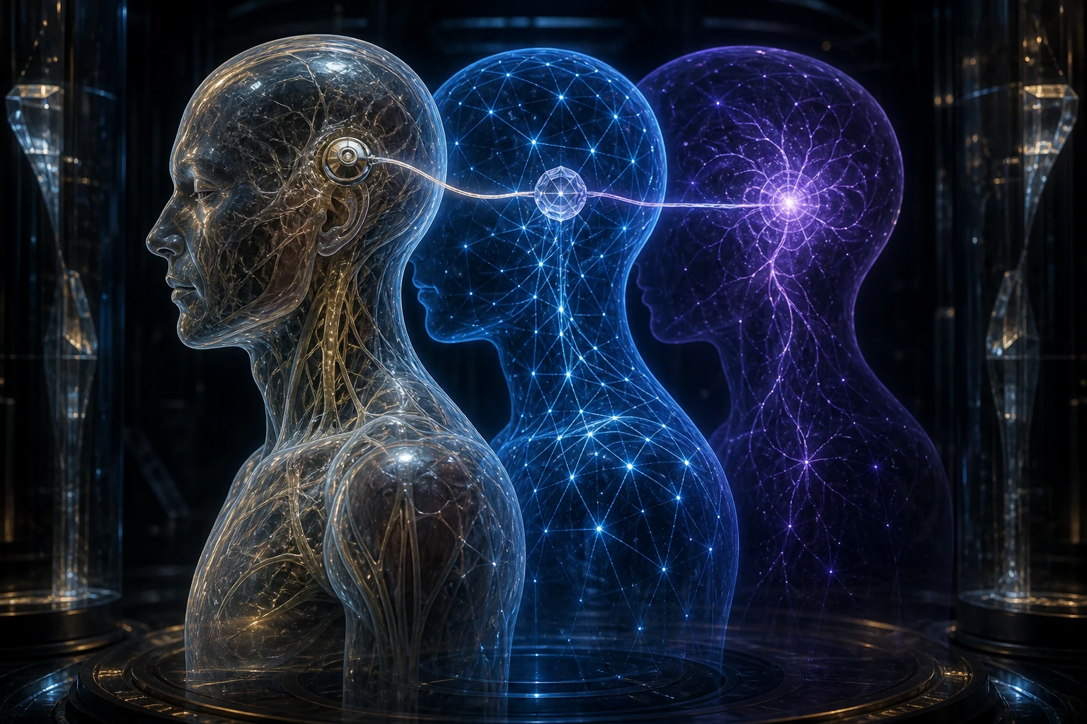 Três corpos luminosos representam as camadas material, etérica e mental de um implante multidimensional.