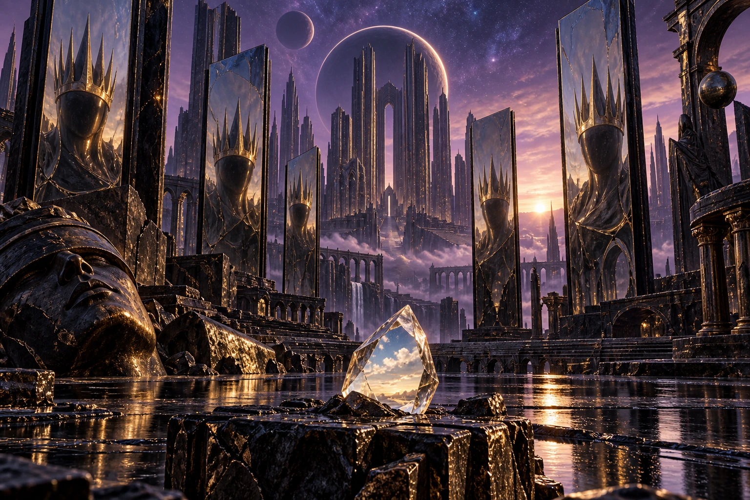 Monumentos de uma cidade cósmica abandonada refletem uma coroa deformada, enquanto um cristal no chão reflete o céu aberto.