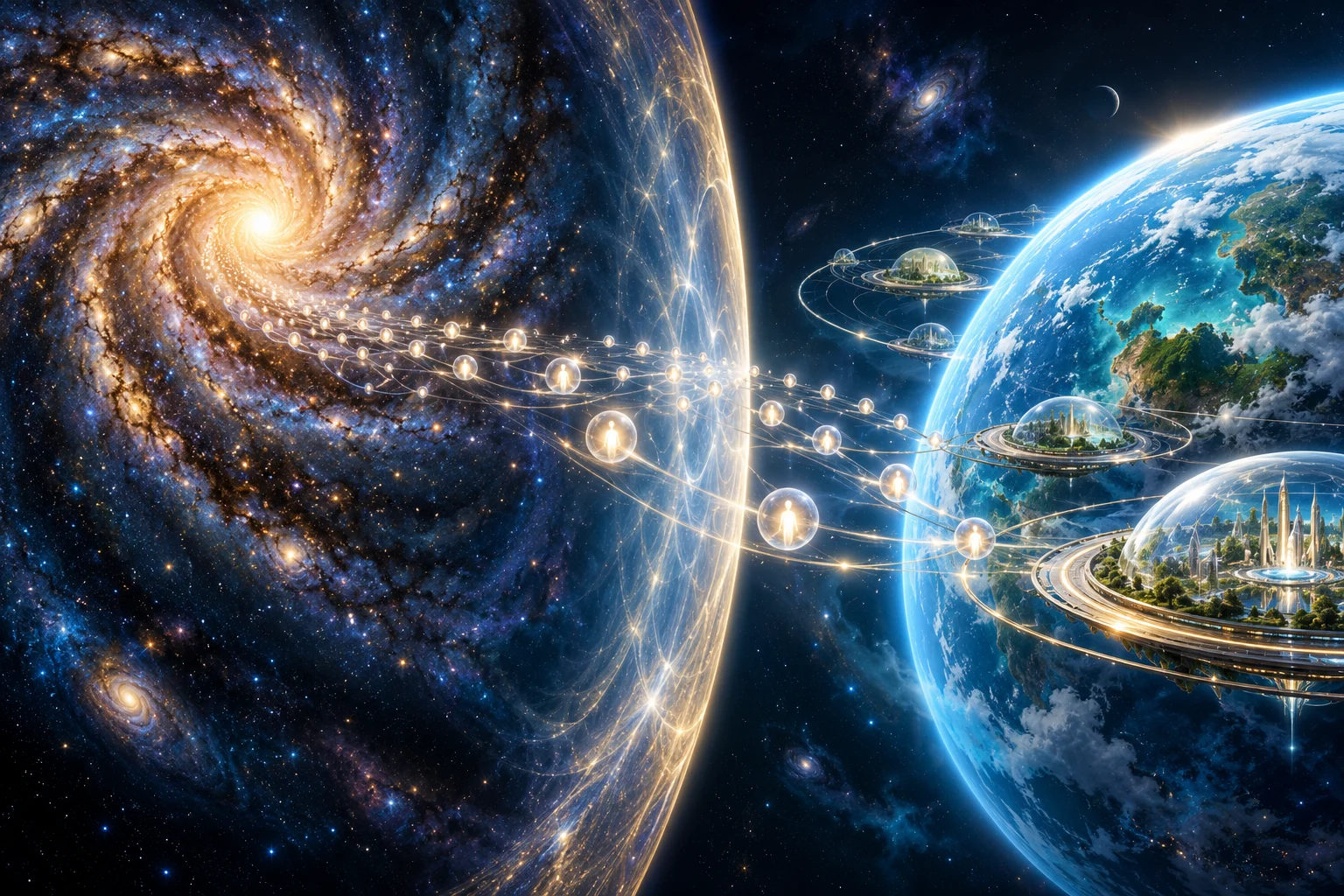 Pontos de consciência atravessam uma fronteira luminosa entre uma galáxia e um mundo azul cercado por habitats orbitais.