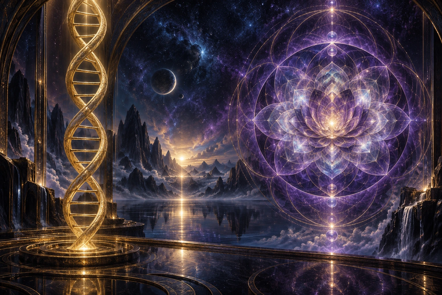 Uma escada de dois filamentos dourados e uma mandala violeta de múltiplas camadas aparecem separadas no espaço.