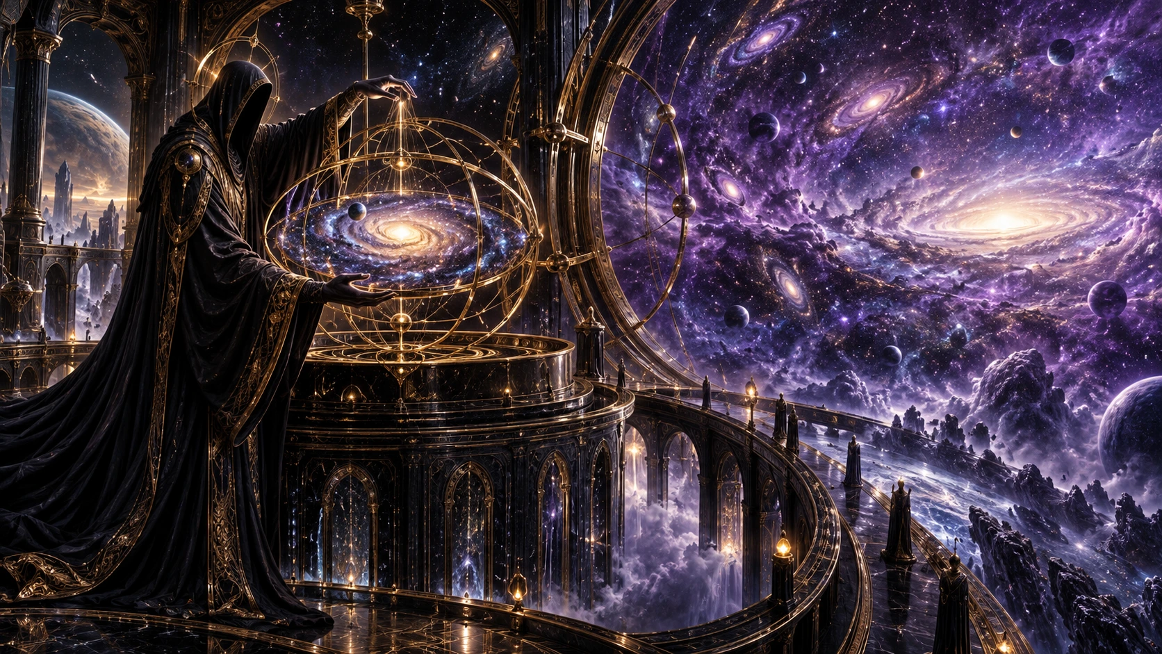 Arquiteto encapuzado contempla uma galáxia em uma estrutura dourada que se abre para um universo violeta.