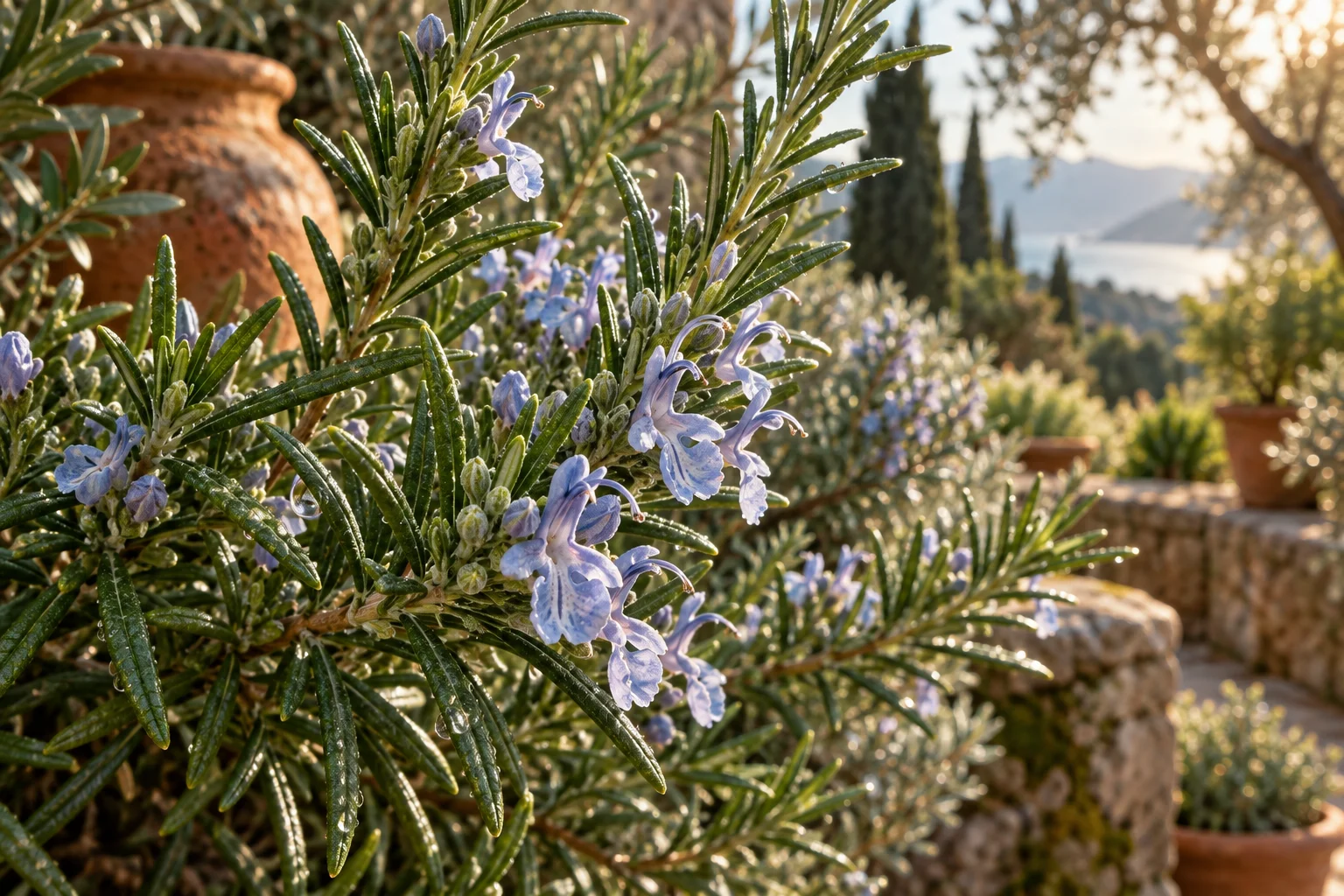 Ramo de alecrim com folhas estreitas e pequenas flores azuladas, iluminado pelo sol da manhã