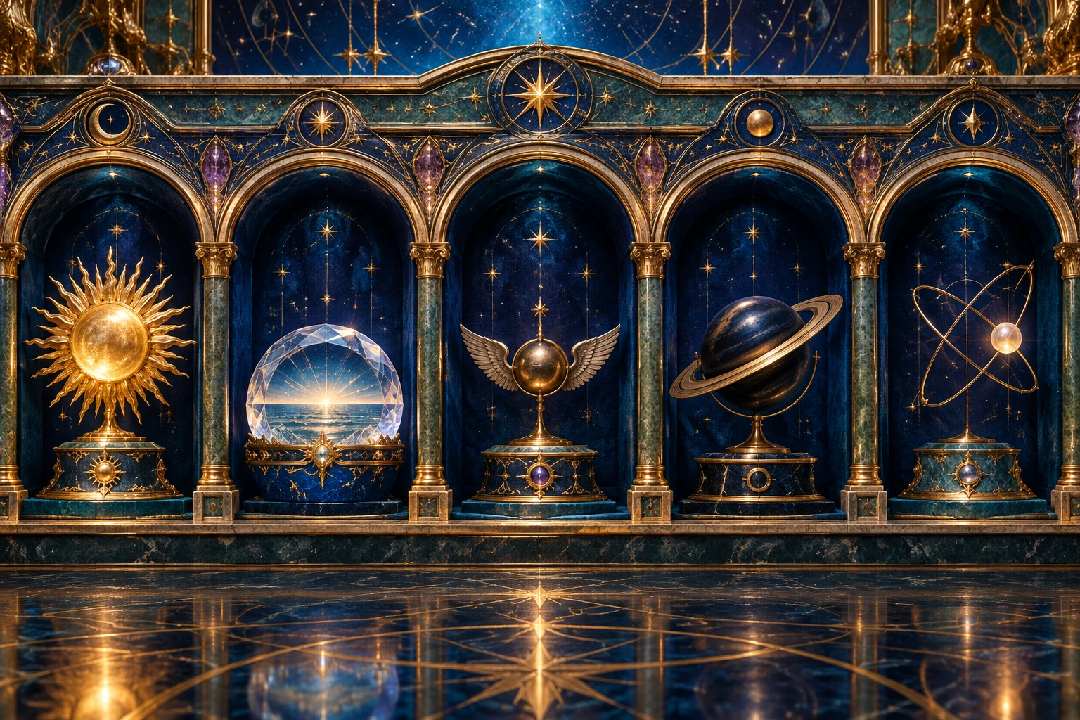 Cinco nichos exibem um sol dourado, um horizonte de cristal, uma esfera alada, Saturno e órbitas que se cruzam.
