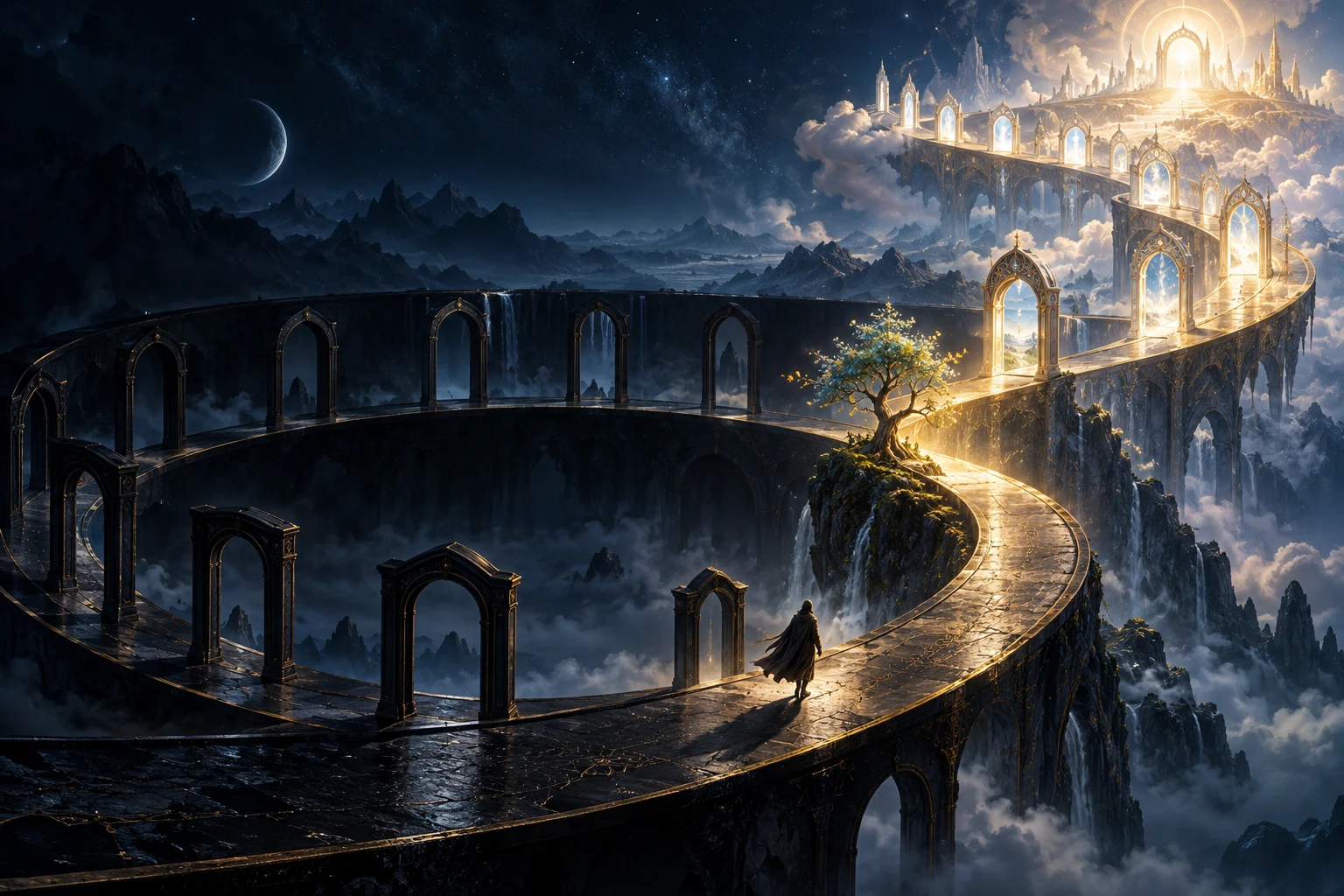 Um caminho circular com passagens repetidas se eleva em espiral e ganha luminosidade diante de um viajante.