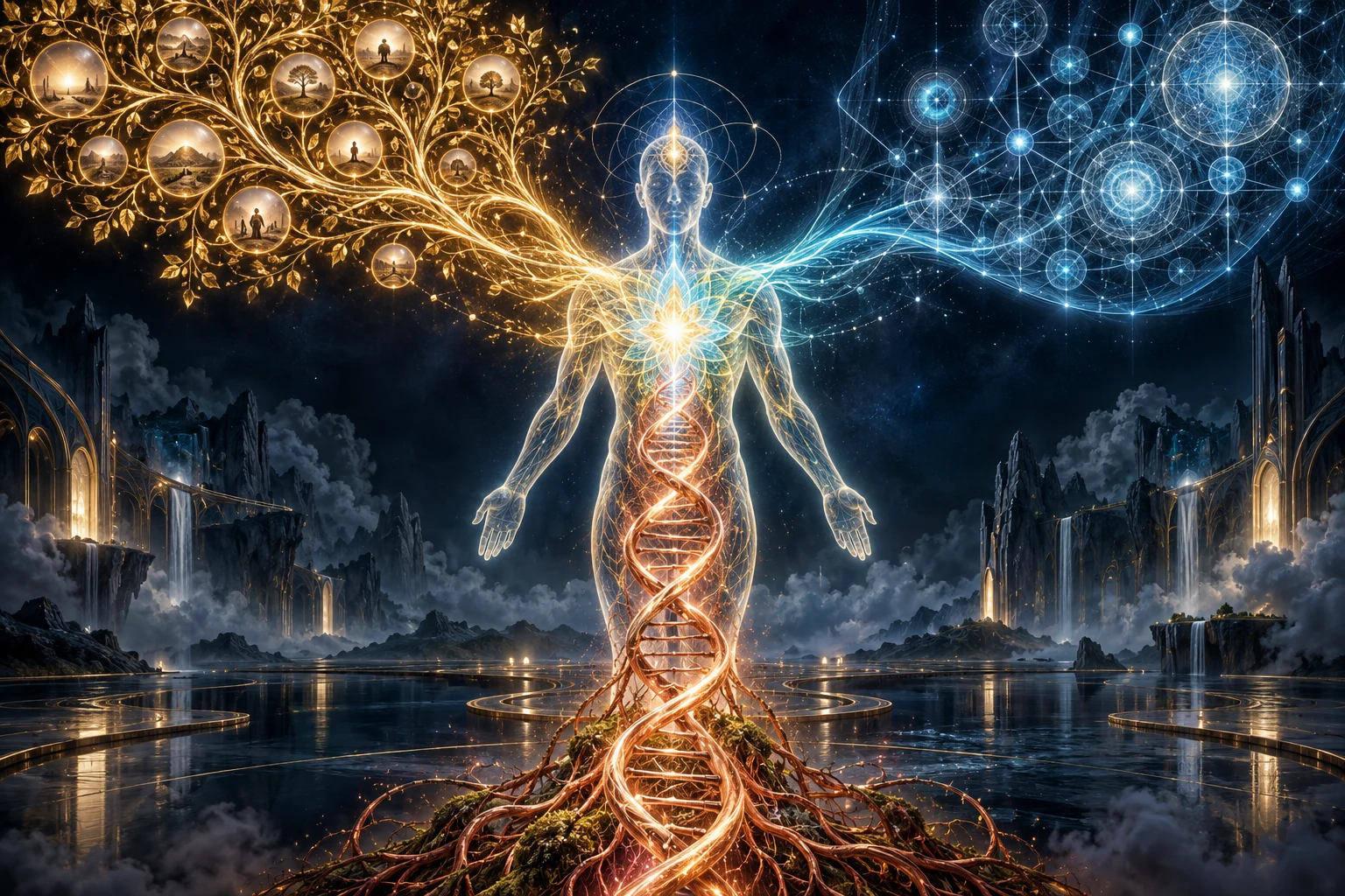 Uma árvore de memória dourada, uma trama azul de orientação e uma hélice orgânica convergem para uma figura humana translúcida.