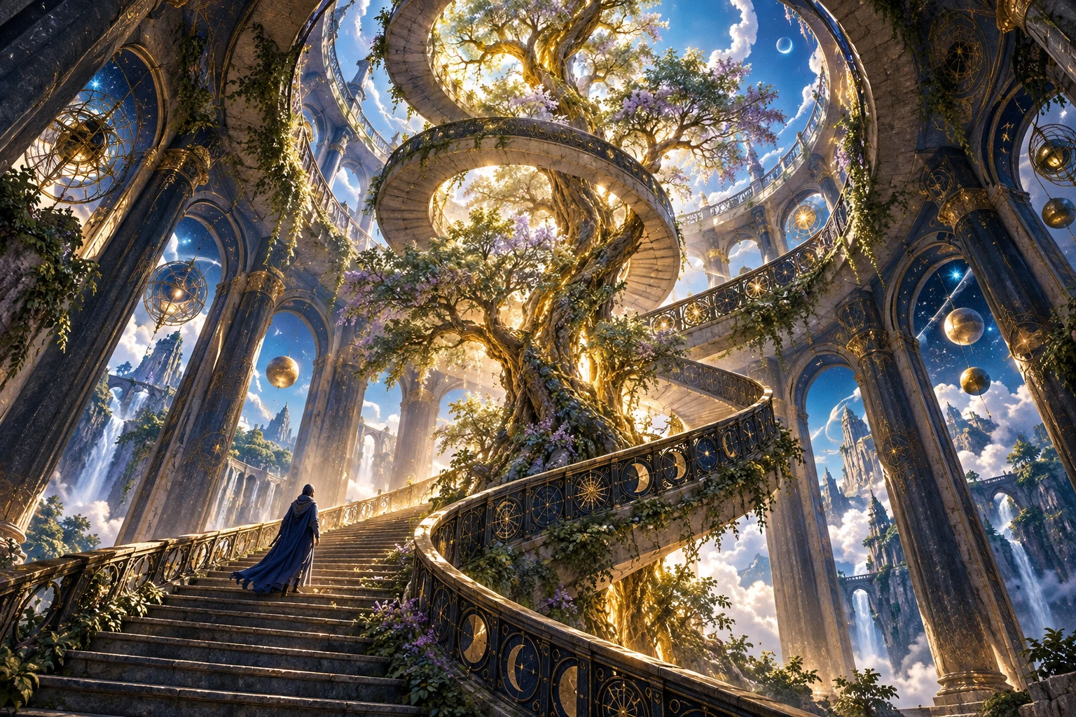 Uma escadaria em espiral sobe ao redor de uma árvore luminosa dentro de um observatório aberto para o céu.