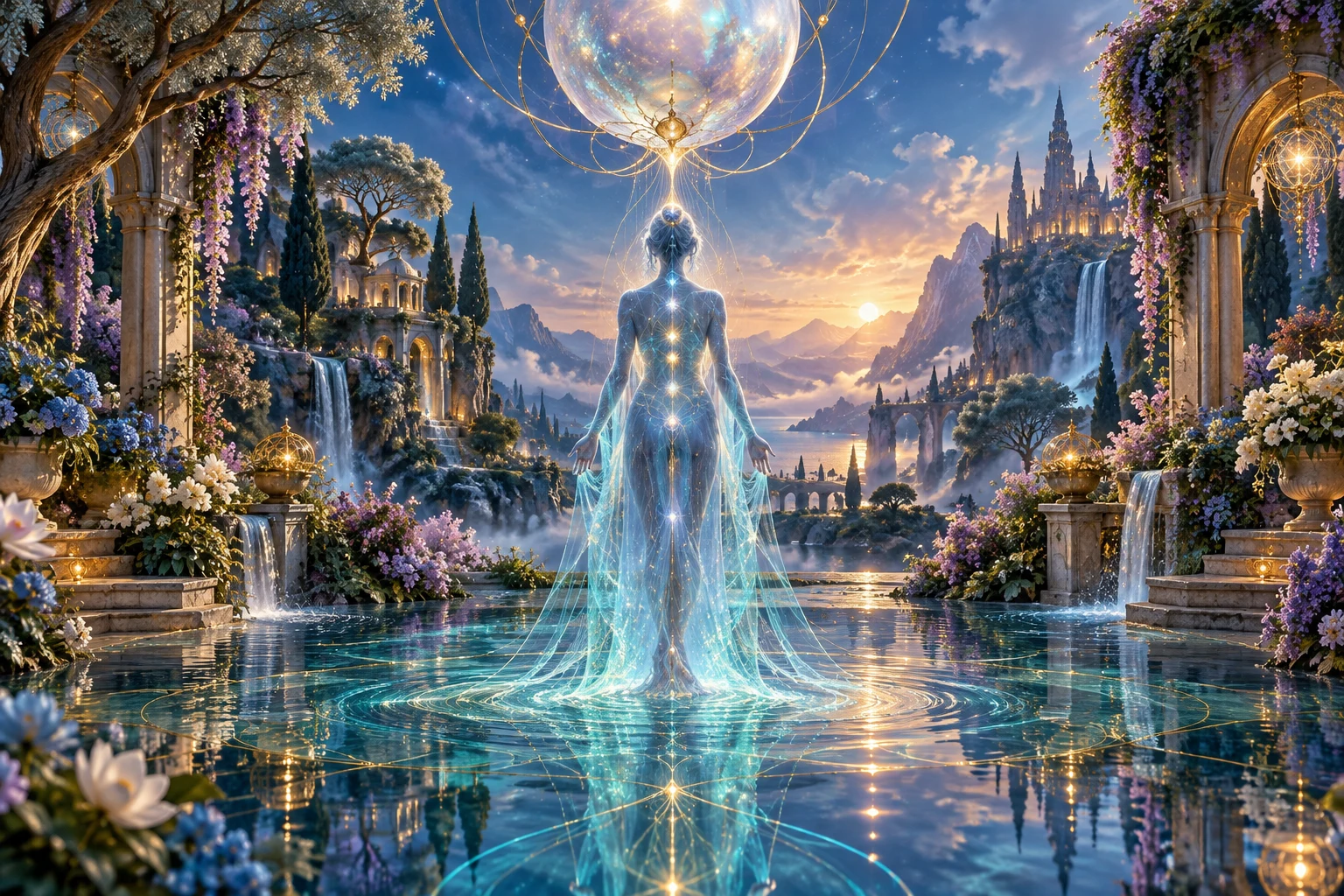 Uma figura de luz azul se liga a uma esfera celeste por fios dourados, em um jardim refletido na água.