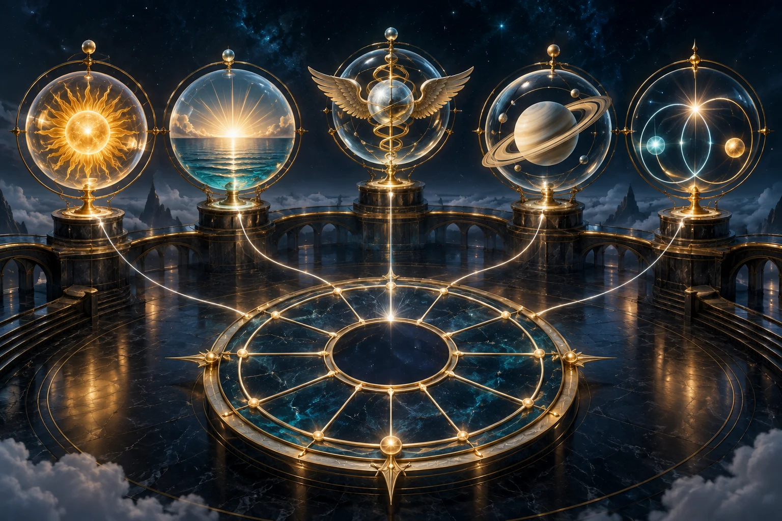Cinco módulos com Sol, horizonte, esfera alada, Saturno e cruzamento de órbitas se conectam a uma roda central.