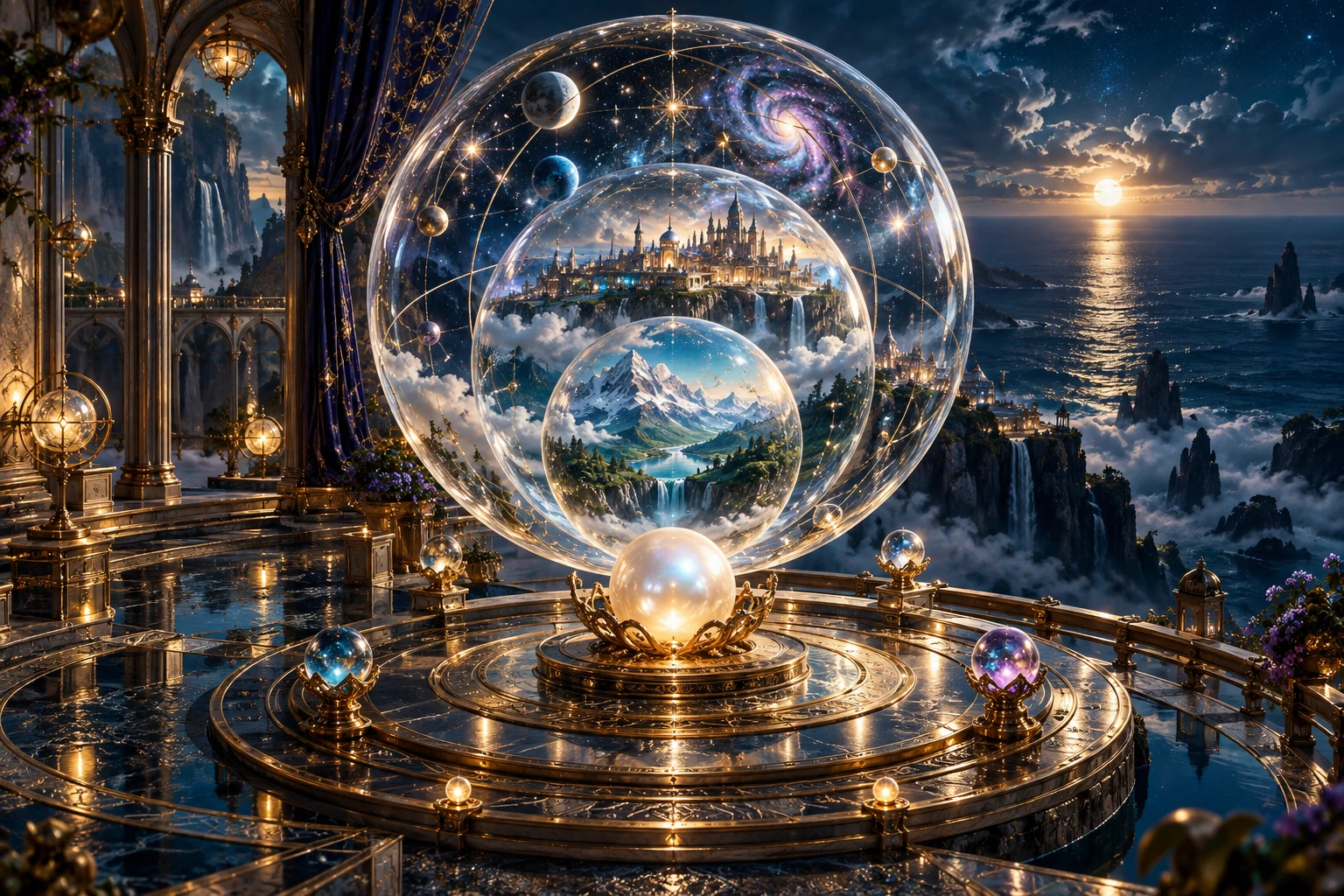 Esferas transparentes reúnem montanhas, uma cidade e estrelas sobre um observatório dourado.