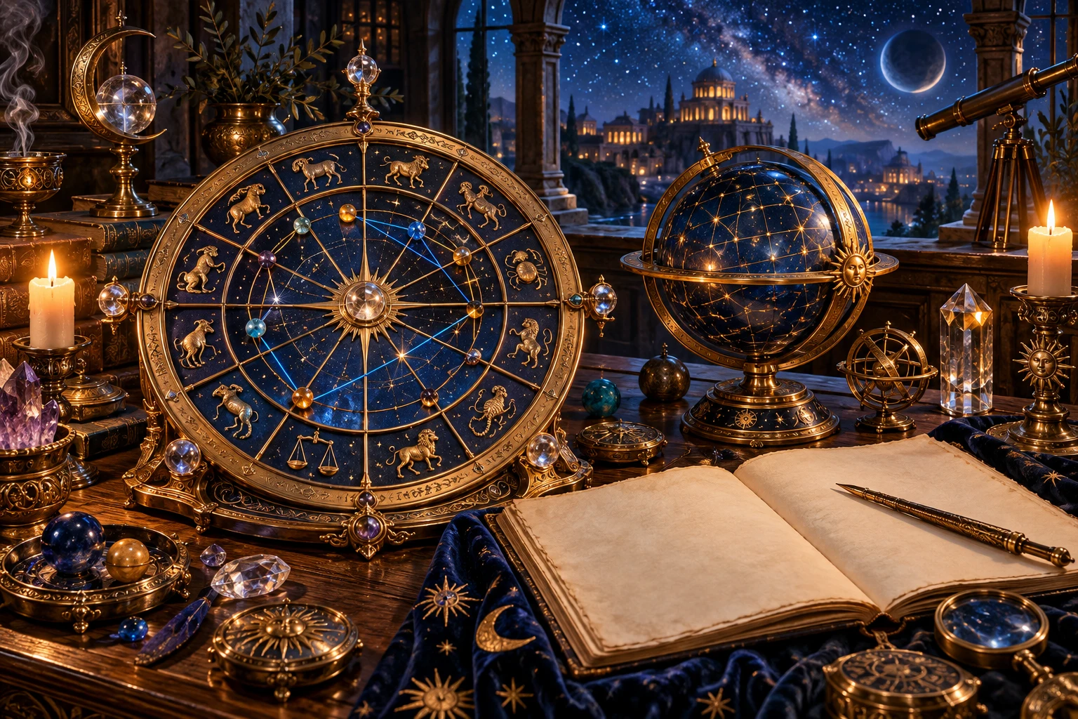 Instrumentos celestes de bronze, um globo estrelado e um caderno aberto sobre uma mesa iluminada por velas.
