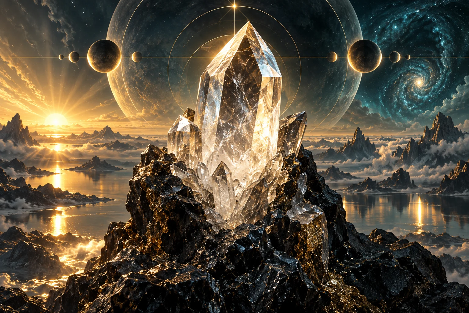 Cristal de quartzo em matriz rochosa com facetas refletindo luz quente e fria.