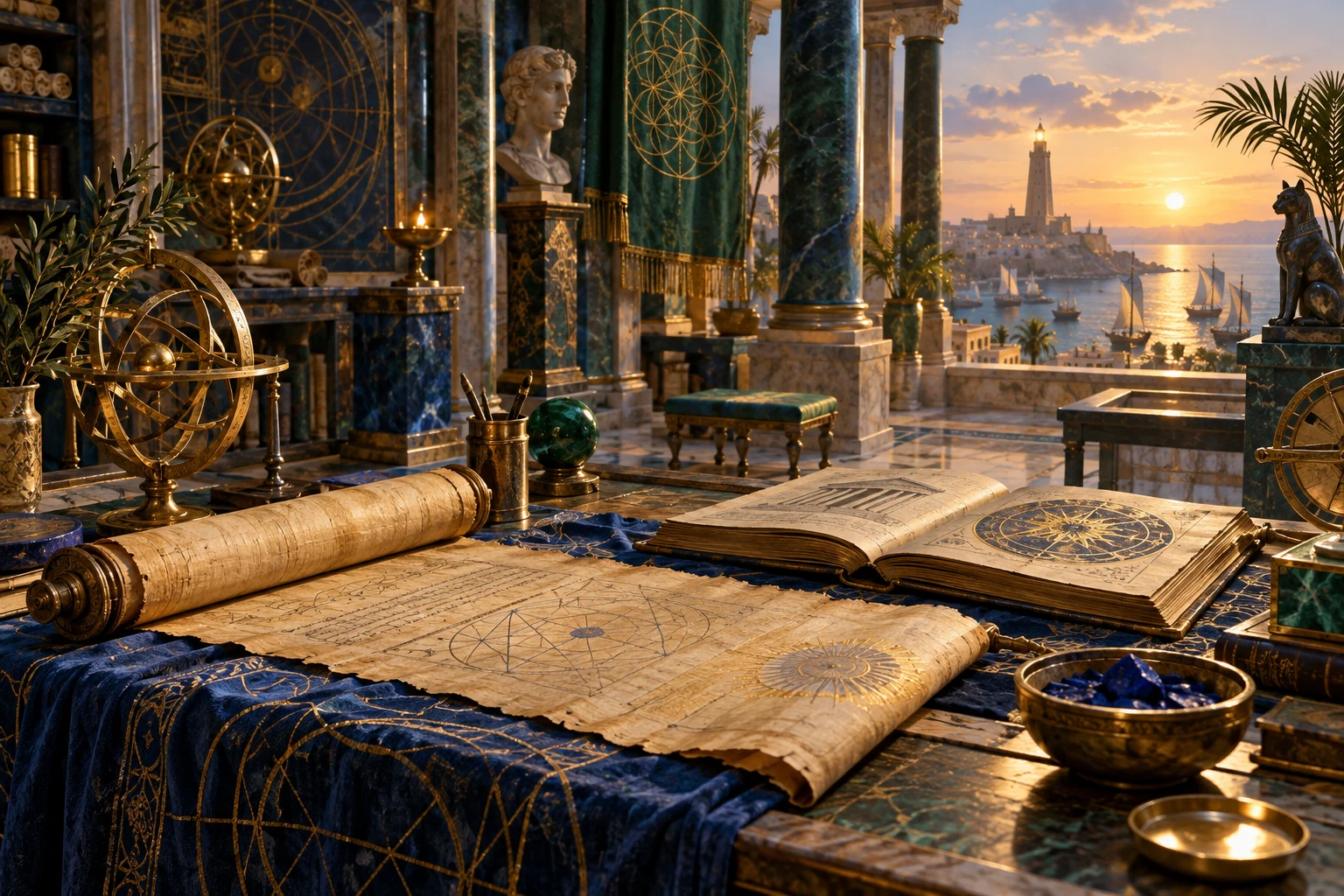 Rolo de papiro e manuscrito em um gabinete inspirado na Alexandria da Antiguidade tardia