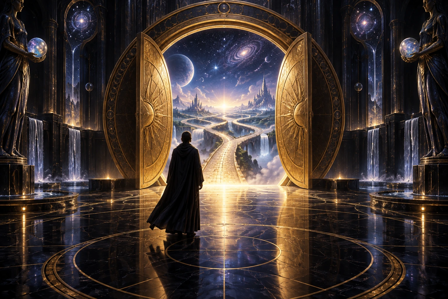 Silhueta humana diante de um portal circular aberto, com vários caminhos sob estrelas e nenhuma fechadura.