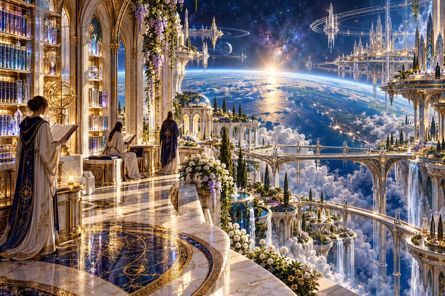 Leitores em uma biblioteca de uma cidade orbital contemplam a Terra através de jardins e passarelas.