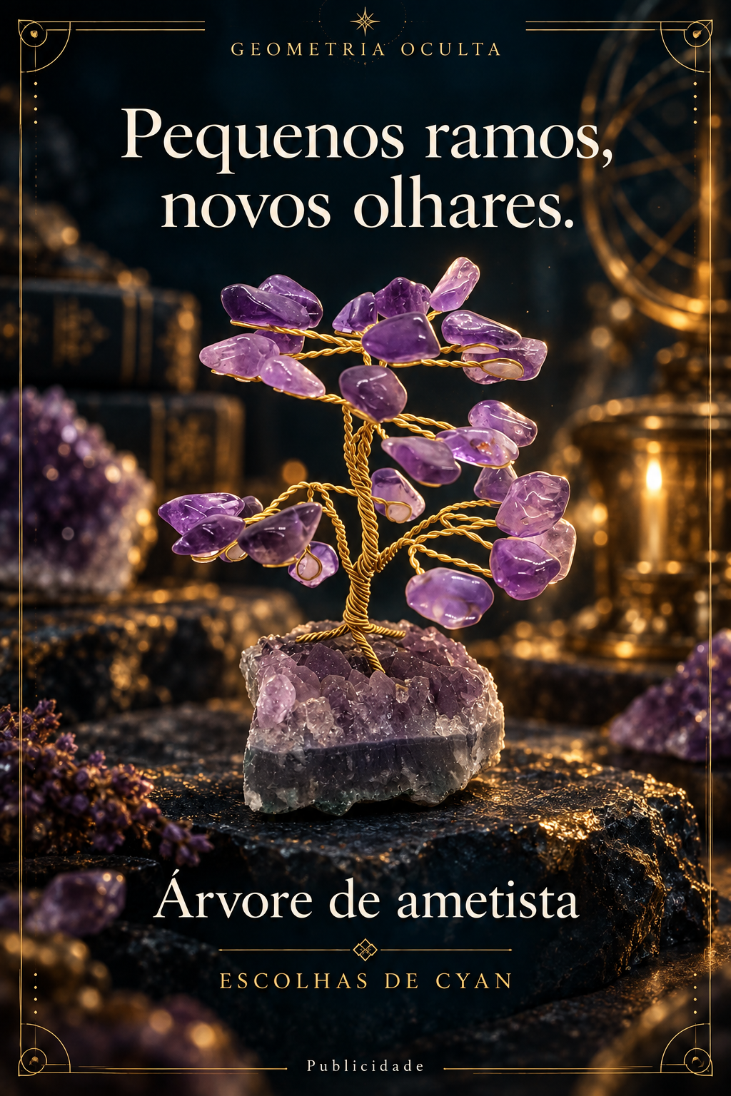 Arte de ambientação ilustrativa: Árvore de ametista sobre base de drusa. Publicidade.