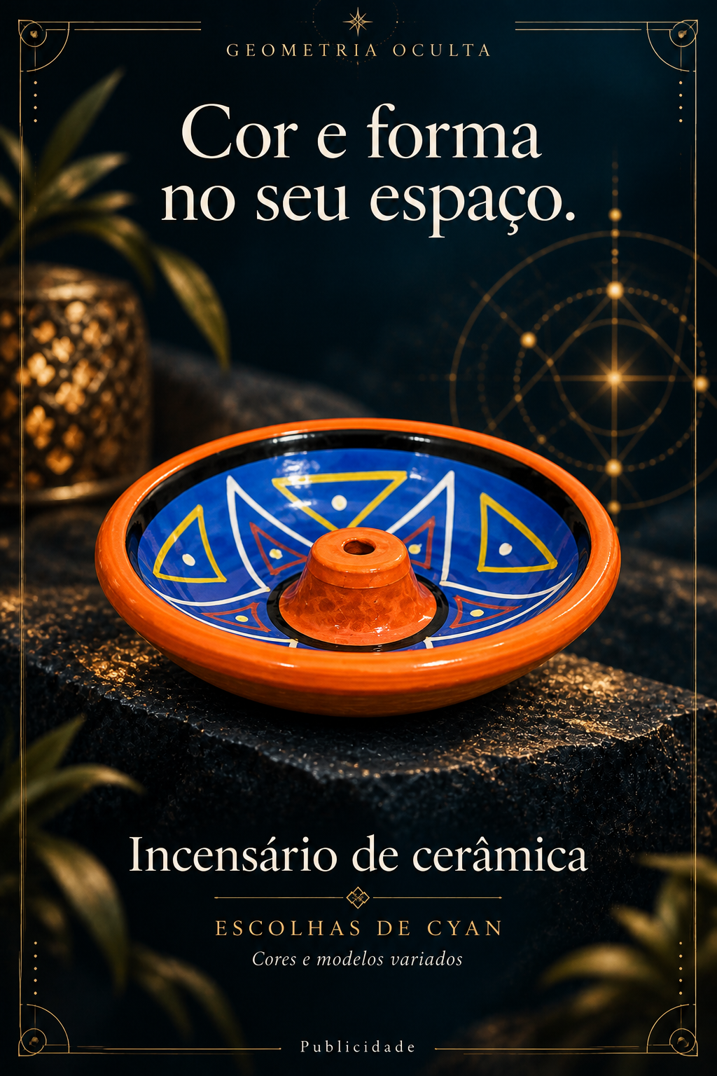 Arte de ambientação ilustrativa: Incensário redondo de cerâmica em cores variadas. Publicidade.