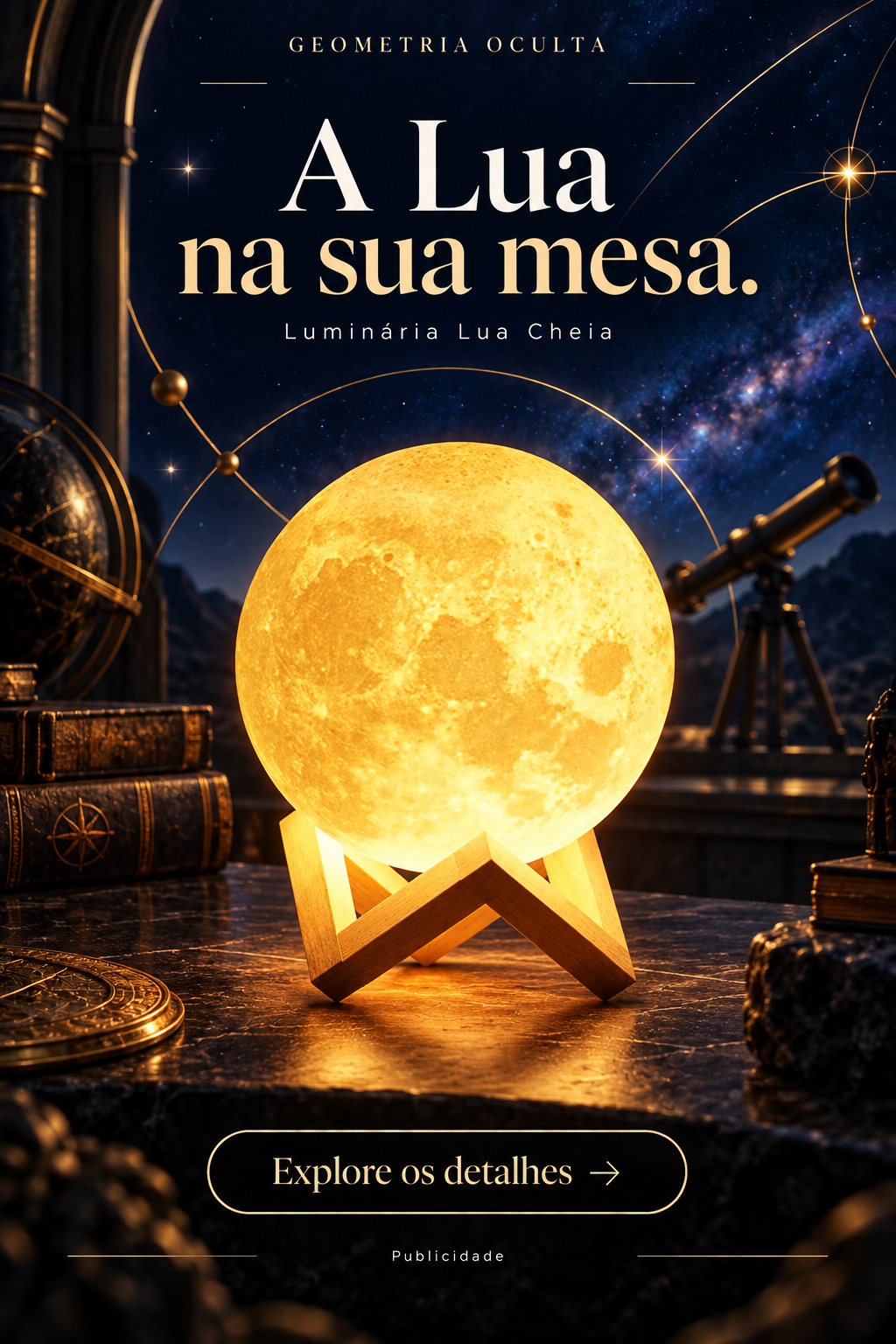 Arte de ambientação ilustrativa: Luminária Lua Cheia LED para um cantinho cósmico. Publicidade.