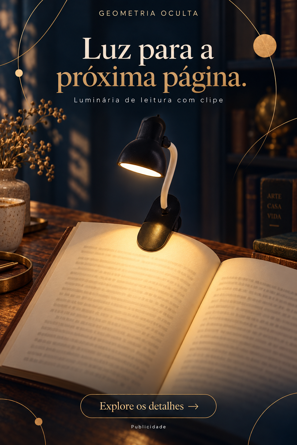 Arte de ambientação ilustrativa: Luz de leitura com clipe para acompanhar seu livro. Publicidade.