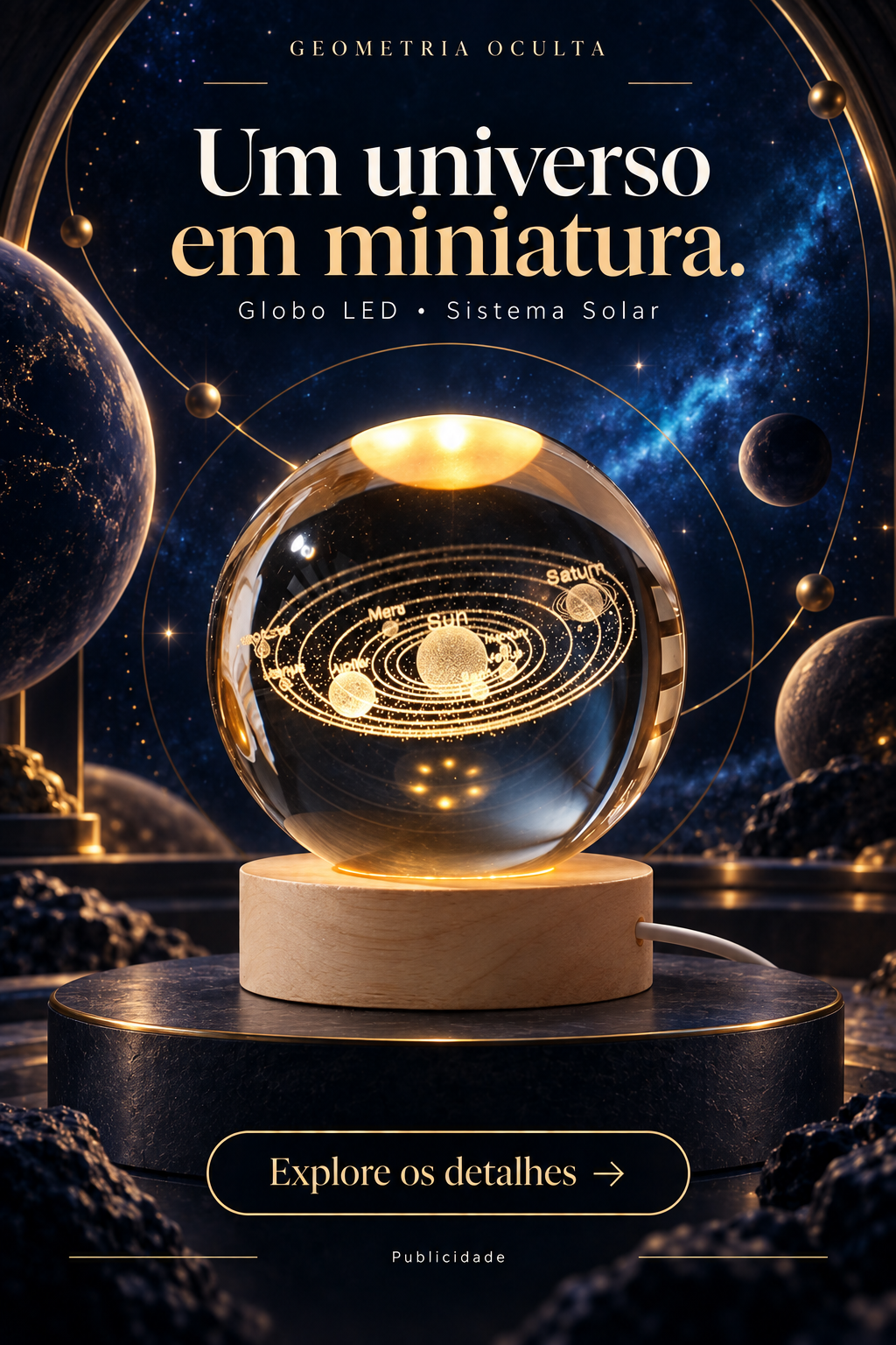 Arte de ambientação ilustrativa: Globo LED do Sistema Solar com base de madeira. Publicidade.