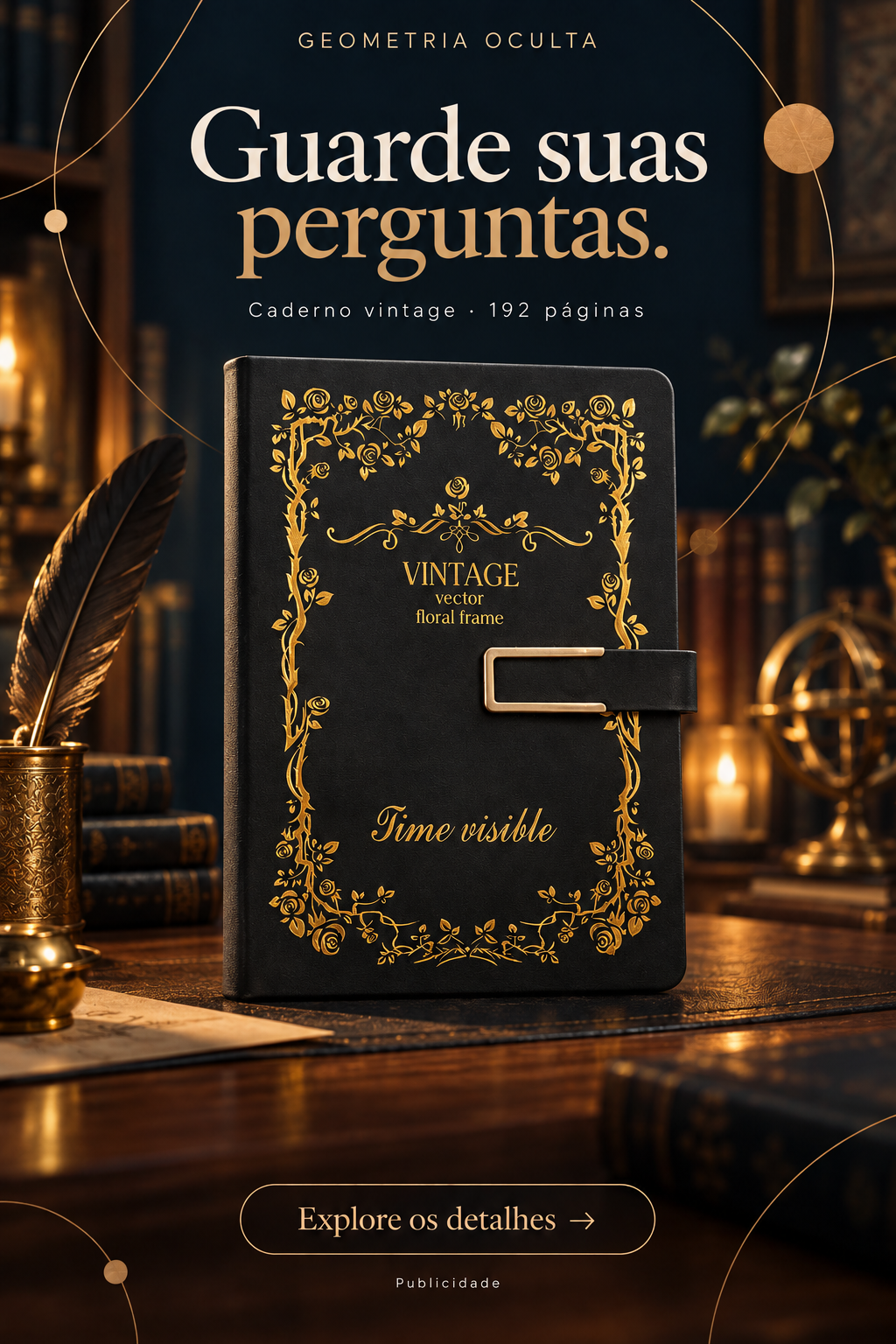 Arte de ambientação ilustrativa: Caderno vintage com fecho magnético para registrar suas leituras. Publicidade.