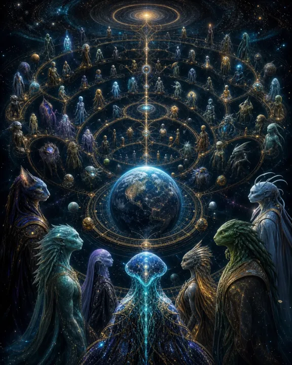 Composição vertical reúne a Terra, rotas cósmicas e dezenas de civilizações extraterrestres organizadas como um atlas vivo.