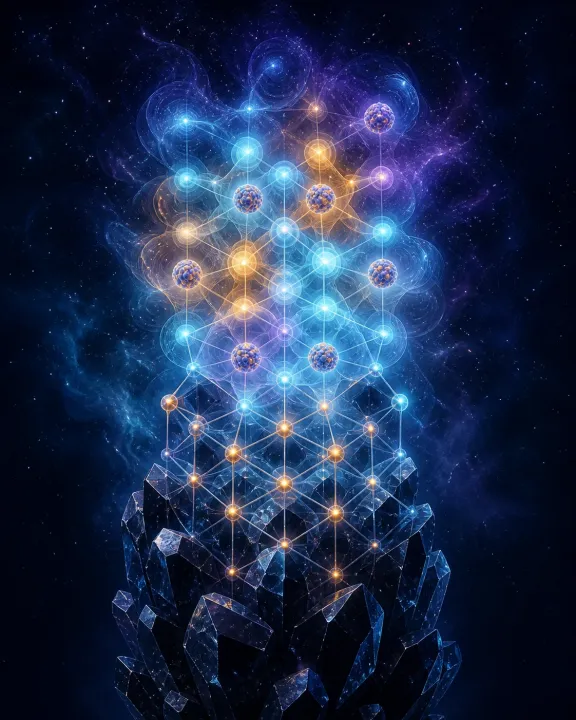 Composição vertical mostra um cristal escuro emergindo em uma rede atômica luminosa sob o espaço profundo.