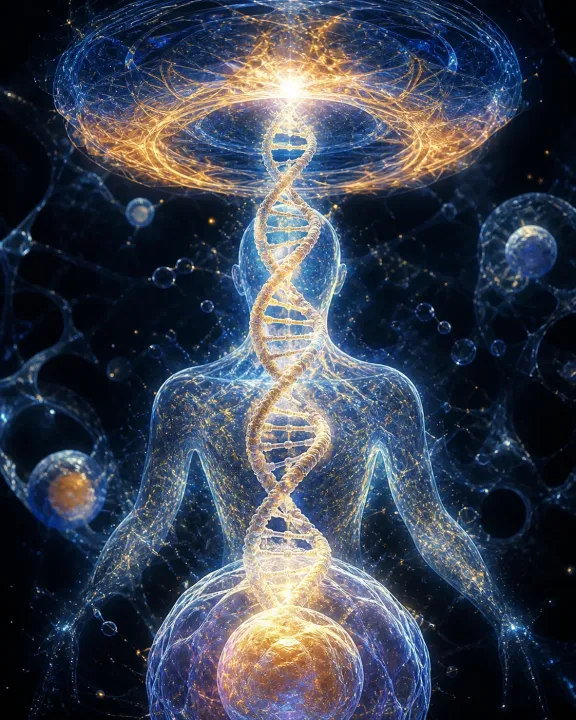 Dupla hélice dourada ascende por um campo humano cristalino e abre uma coroa toroidal azul.
