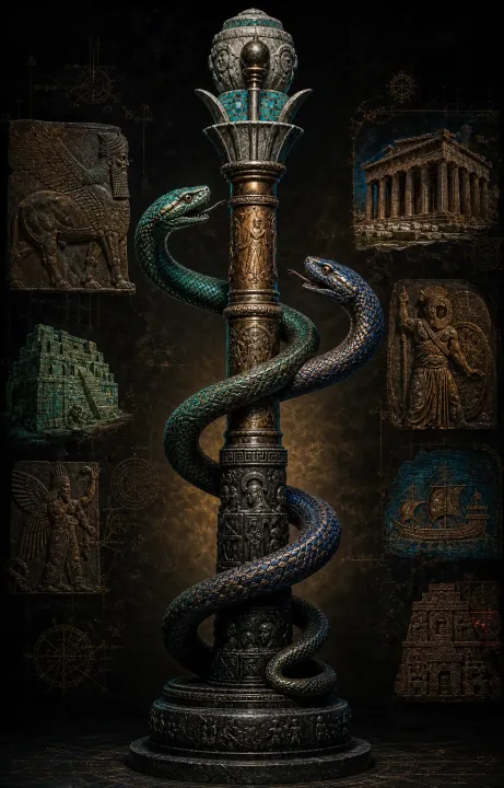 Duas serpentes sobem por um eixo histórico cercado por relevos de mundos antigos sobre fundo escuro.
