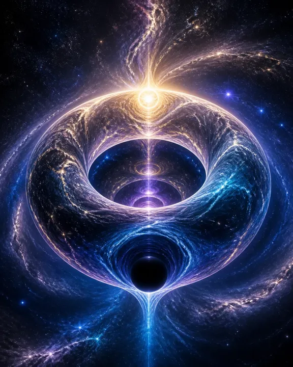 Toroide cósmico vertical conduz fluxo de uma esfera negra inferior a uma estrela luminosa superior.