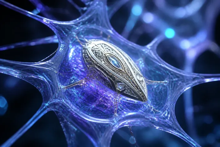 Microimplante cristalino e prateado integra-se a uma matriz biopolimérica luminosa.