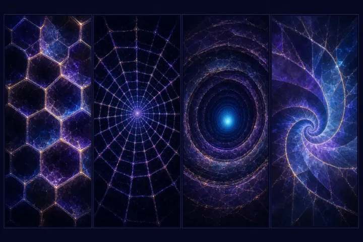 Quatro painéis abstratos mostram uma grade, uma teia radial, um túnel concêntrico e uma espiral luminosa.