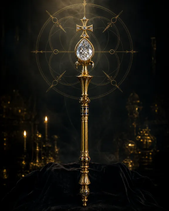 Representação artística original de Cetro do Soberano — o diamante que coroa o império no padrão visual Geometria Oculta