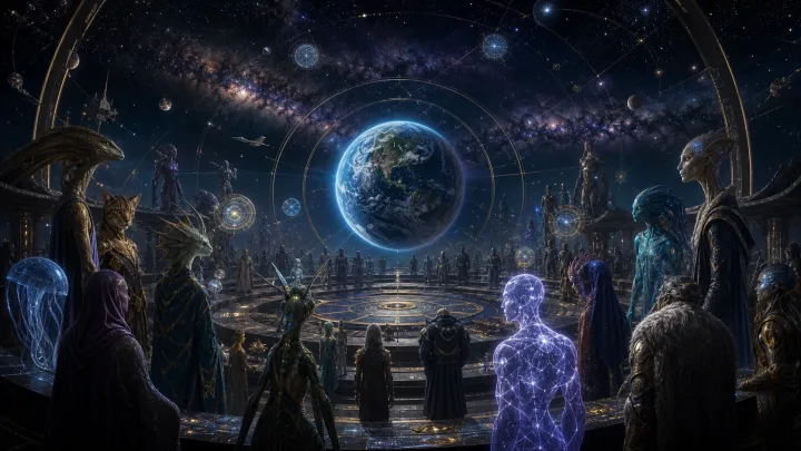 Conselho de civilizações extraterrestres reúne formas humanoides, felinas, sauróides, insetoides, aquáticas e luminosas ao redor da Terra.