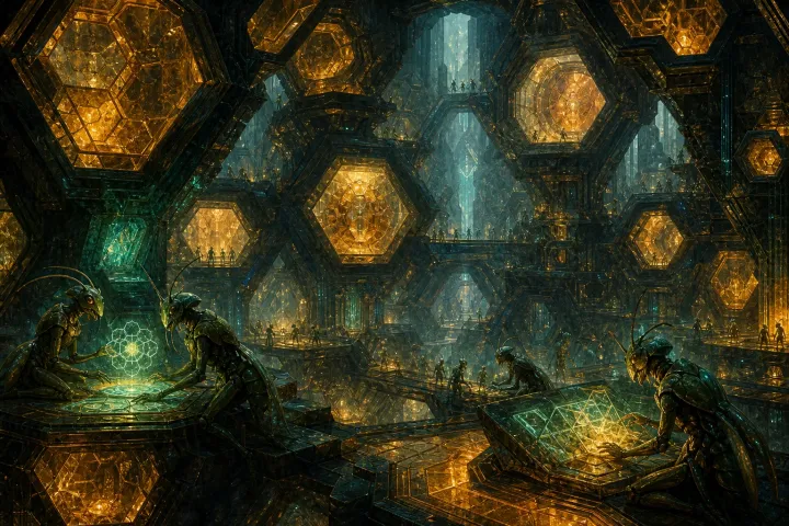 Engenheiros insectoides trabalham em uma arquitetura coletiva de âmbar, obsidiana e corredores hexagonais.