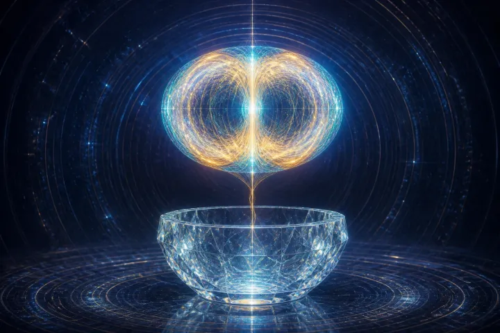 Campo toroidal luminoso eleva-se de um receptáculo cristalino, conectado por um filamento dourado.