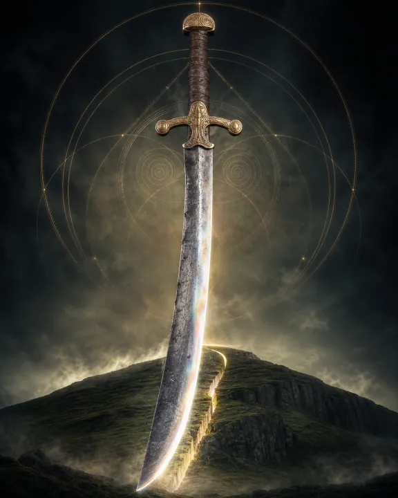 Representação artística original de Caladbolg — a espada que corta colinas no padrão visual Geometria Oculta