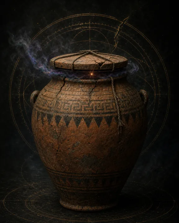 Representação artística original de Pithos de Pandora — o jarro de todos os males no padrão visual Geometria Oculta